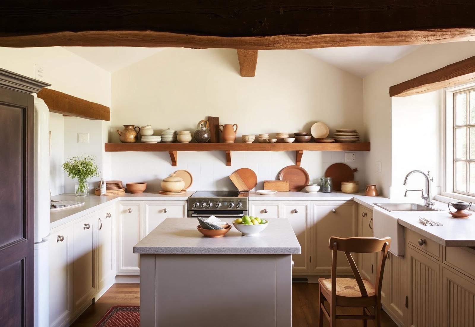Warm English kitchen with artisan ceramics